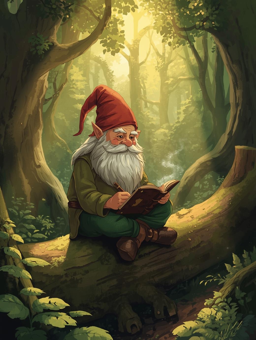 Lutin assis sur des buches de bois dans une forêt. Il écrit sur un cahier. Des rayons de soleil éclairent. Image générée par IA