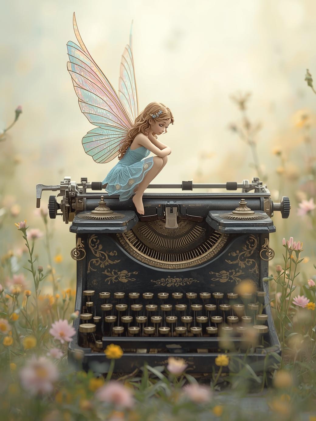 Fée posée sur une machine à écrire vintage dans un décor fleuri - image générée par IA